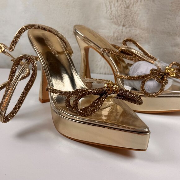 Public Desire Gold Strap Platform Heels With Embellished Bow SIZE 8 - Picture 5 of 8